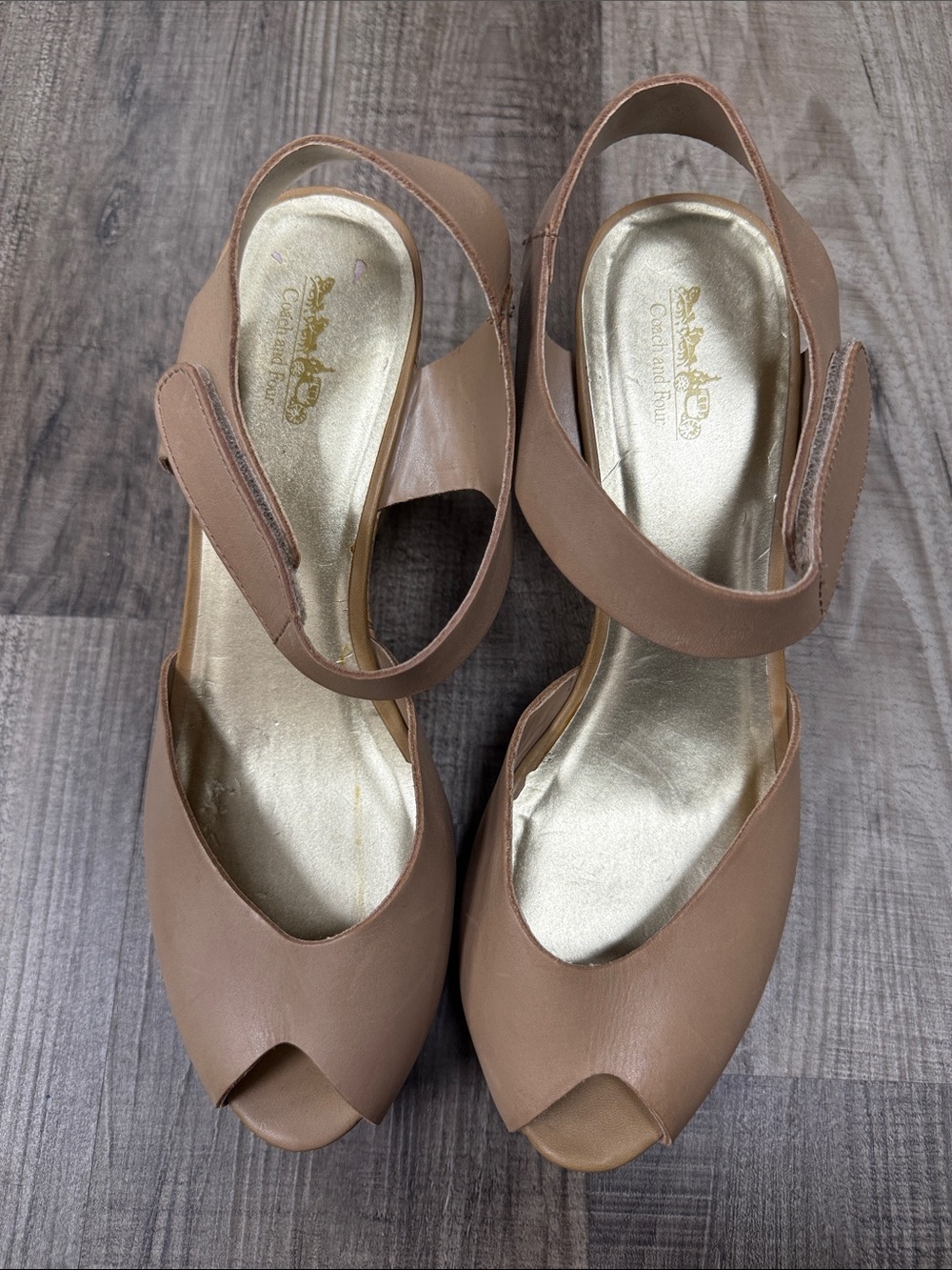 Coach and Four Neutral Tan Peep-Toe Slingback Sandals